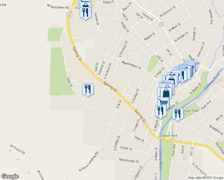 map of restaurants, bars, coffee shops, grocery stores, and more near 624 Spring Street in Galena