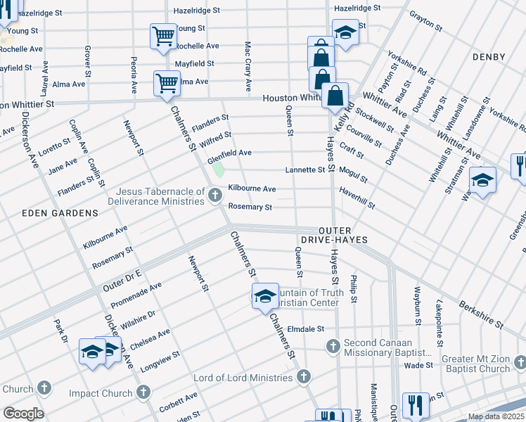 map of restaurants, bars, coffee shops, grocery stores, and more near 14730 Rosemary Street in Detroit