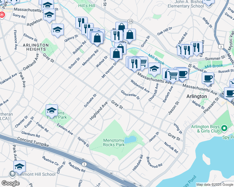map of restaurants, bars, coffee shops, grocery stores, and more near 60 Highland Avenue in Arlington