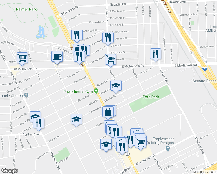 map of restaurants, bars, coffee shops, grocery stores, and more near 47 Church Street in Highland Park