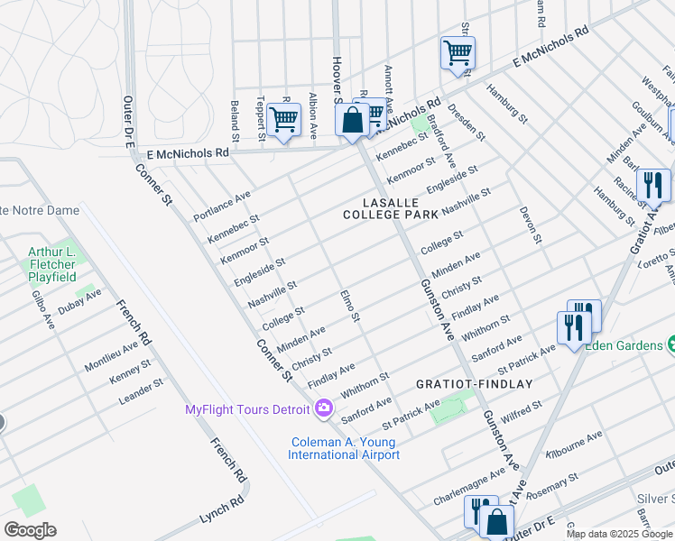 map of restaurants, bars, coffee shops, grocery stores, and more near 11400 Nashville Street in Detroit
