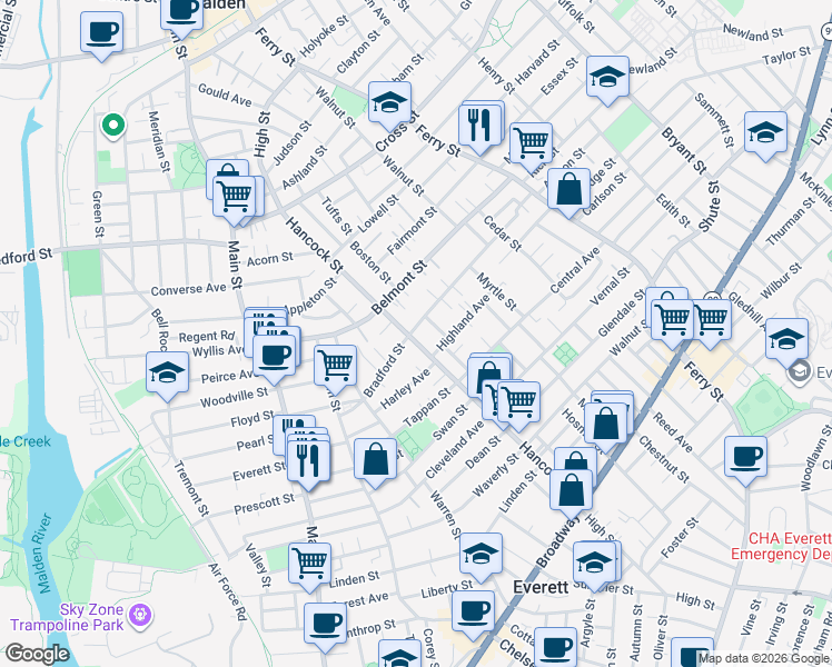 map of restaurants, bars, coffee shops, grocery stores, and more near 193 Hancock Street in Everett