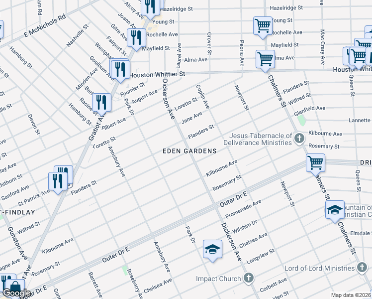 map of restaurants, bars, coffee shops, grocery stores, and more near 12839 Wilfred Street in Detroit