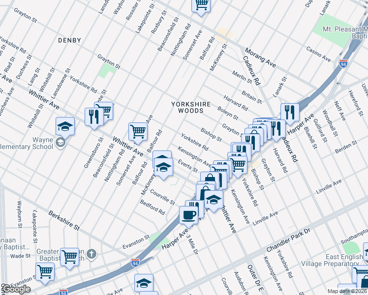 map of restaurants, bars, coffee shops, grocery stores, and more near 9776 Kensington Avenue in Detroit