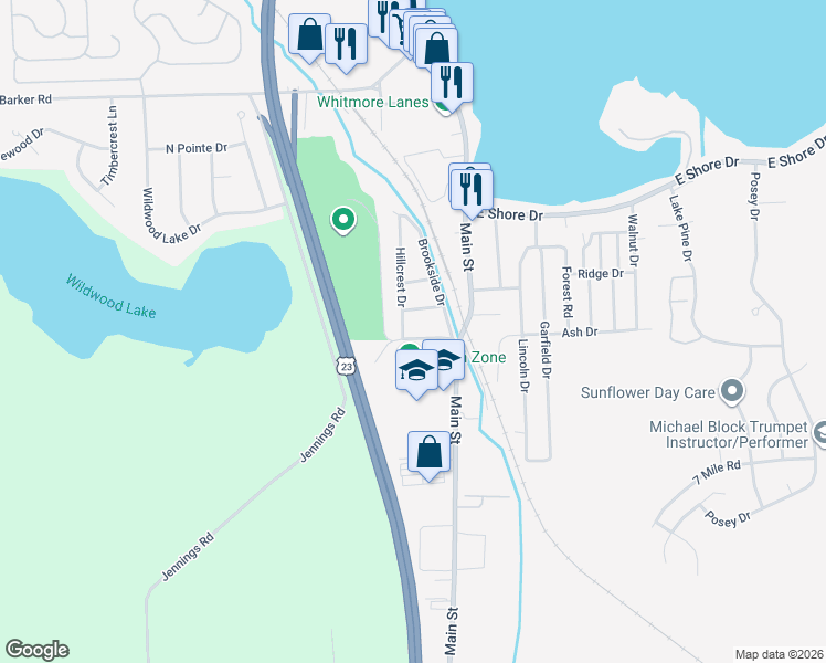 map of restaurants, bars, coffee shops, grocery stores, and more near 68 Jennings Road in Whitmore Lake