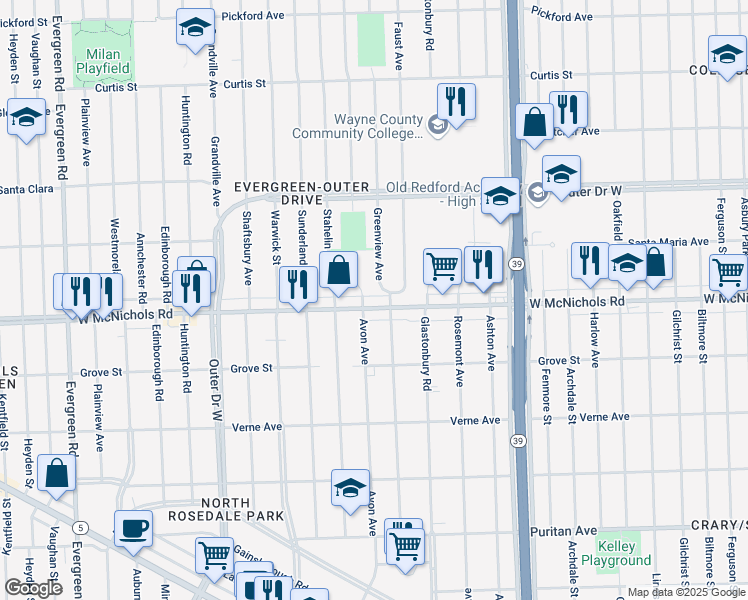 map of restaurants, bars, coffee shops, grocery stores, and more near 18600 West McNichols Road in Detroit