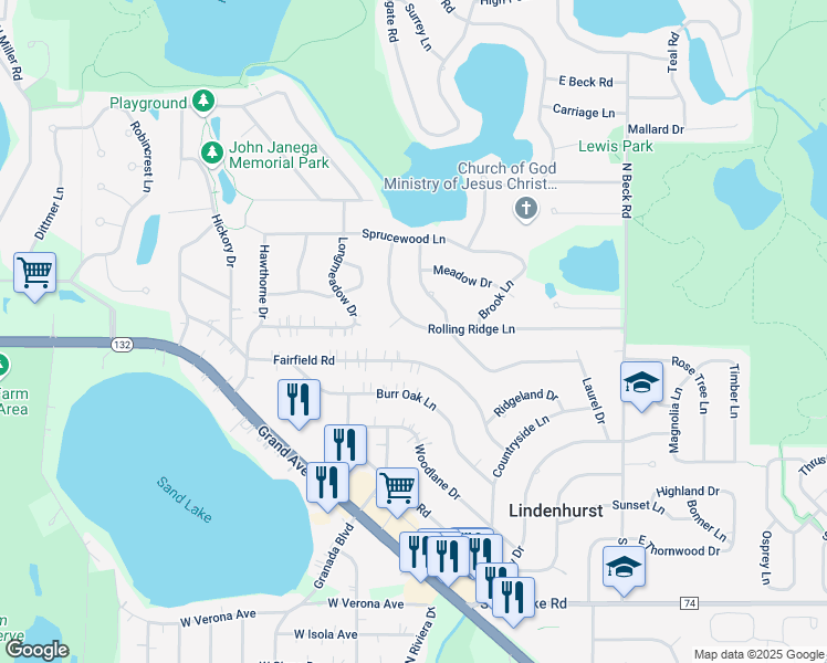 map of restaurants, bars, coffee shops, grocery stores, and more near 2015 Rolling Ridge Lane in Lindenhurst