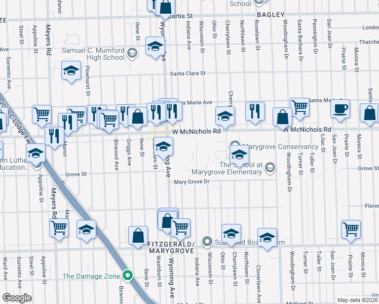 map of restaurants, bars, coffee shops, grocery stores, and more near 16800 Wyoming Avenue in Detroit