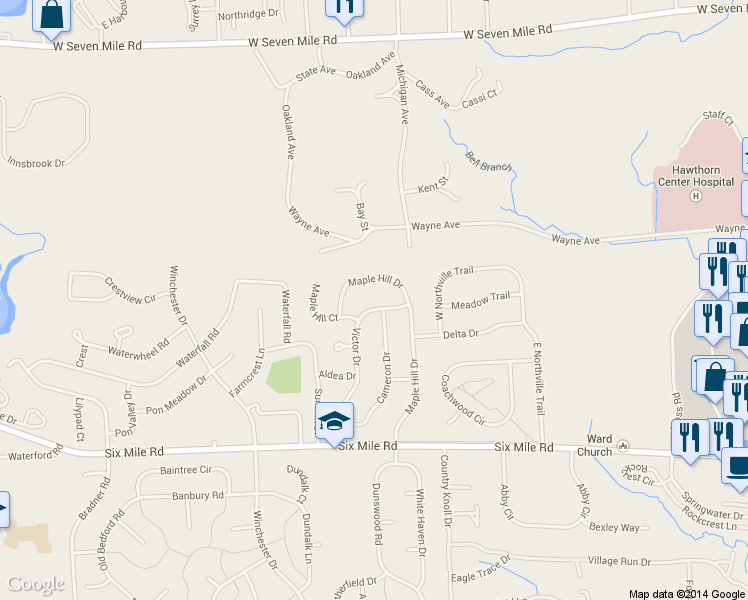 map of restaurants, bars, coffee shops, grocery stores, and more near 17447 Victor Drive in Northville