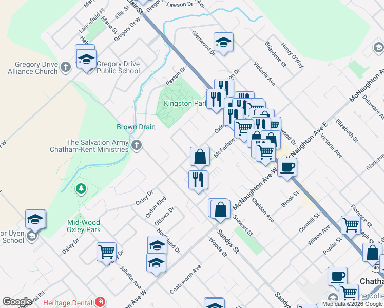 map of restaurants, bars, coffee shops, grocery stores, and more near 48 Oxley Drive in Chatham-Kent