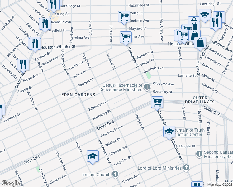 map of restaurants, bars, coffee shops, grocery stores, and more near 13418 Kilbourne Avenue in Detroit