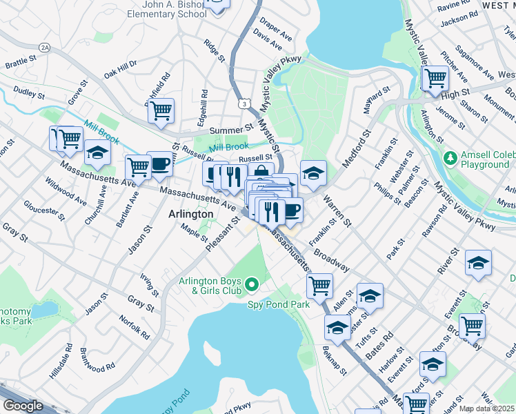 map of restaurants, bars, coffee shops, grocery stores, and more near 473 Massachusetts Avenue in Arlington