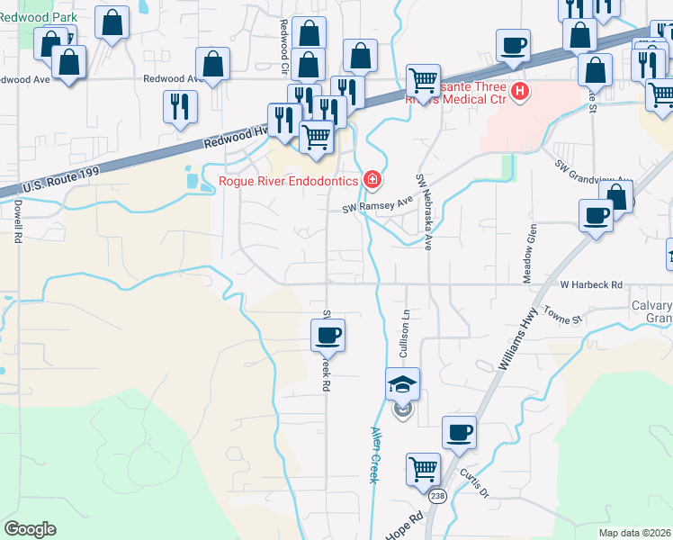 map of restaurants, bars, coffee shops, grocery stores, and more near 1200 West Harbeck Road in Grants Pass