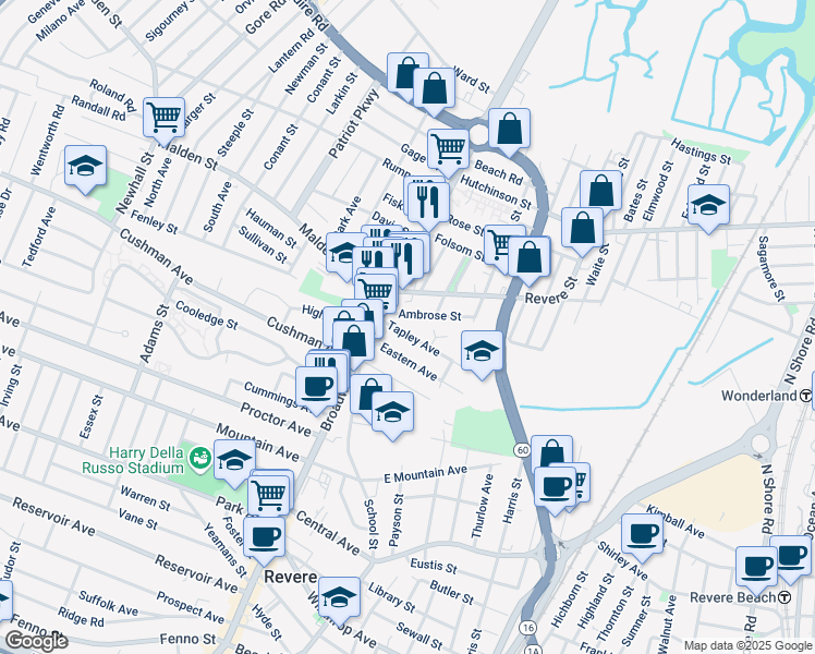 map of restaurants, bars, coffee shops, grocery stores, and more near 38 Tapley Avenue in Revere