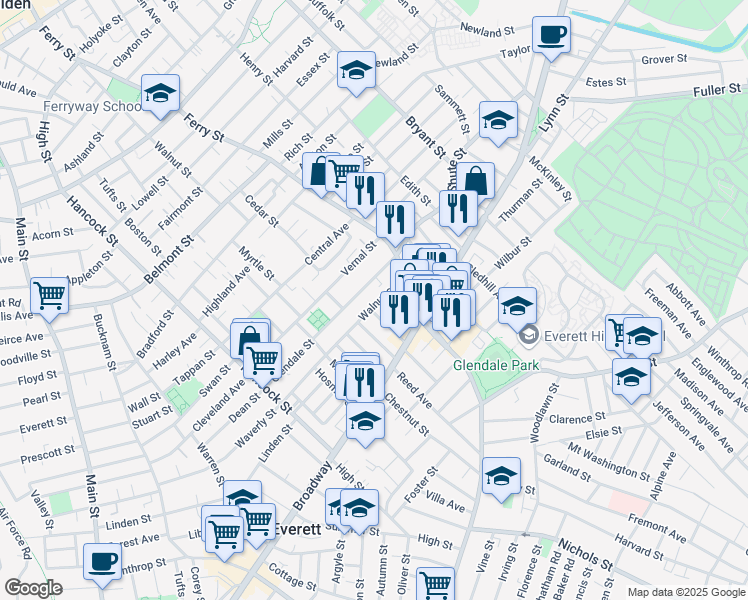 map of restaurants, bars, coffee shops, grocery stores, and more near 122 Walnut Street in Everett