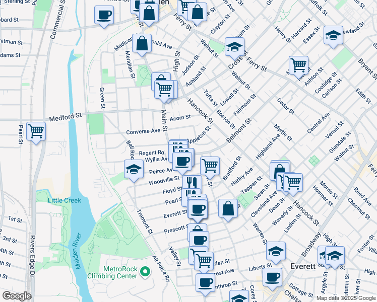 map of restaurants, bars, coffee shops, grocery stores, and more near 10 Belmont Street in Malden