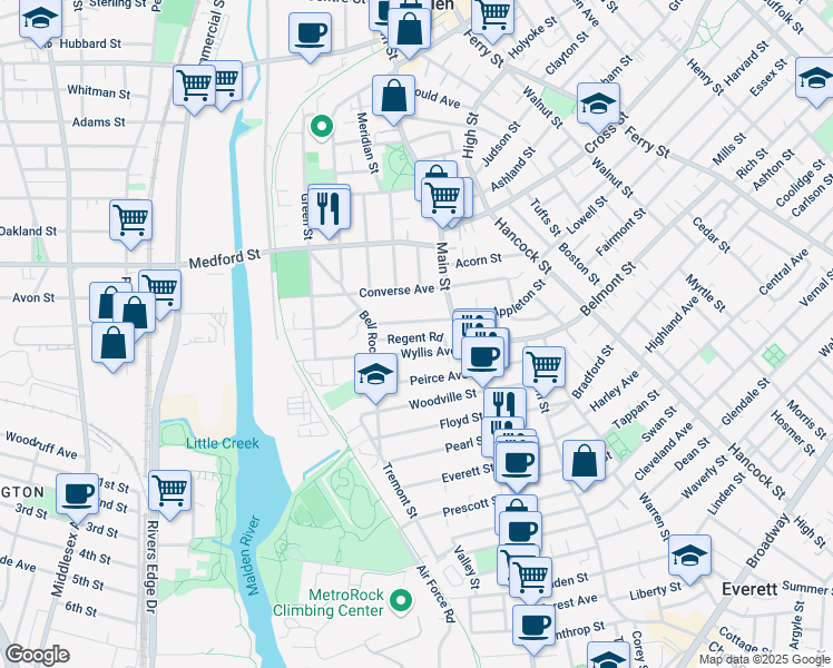 map of restaurants, bars, coffee shops, grocery stores, and more near 50 Regent Road in Malden