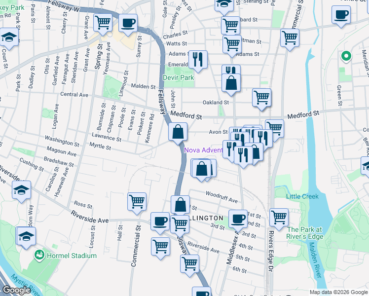 map of restaurants, bars, coffee shops, grocery stores, and more near 983 Fellsway in Medford