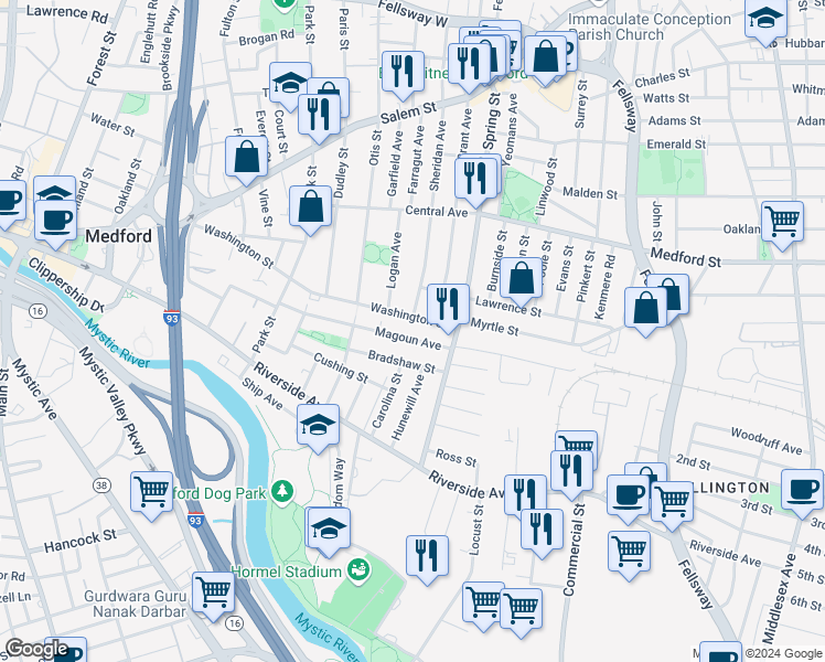 map of restaurants, bars, coffee shops, grocery stores, and more near 102 Magoun Avenue in Medford