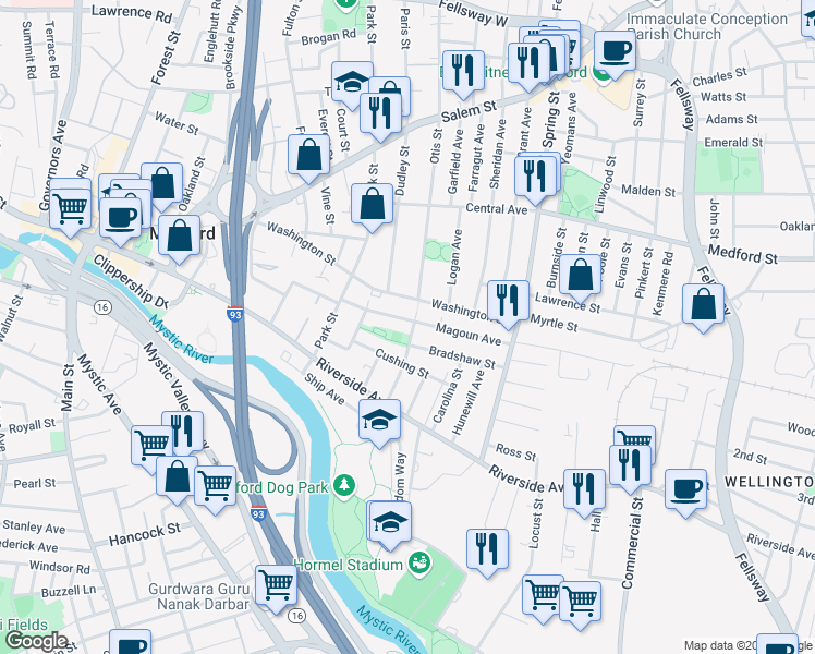 map of restaurants, bars, coffee shops, grocery stores, and more near 49 Pembroke Street in Medford