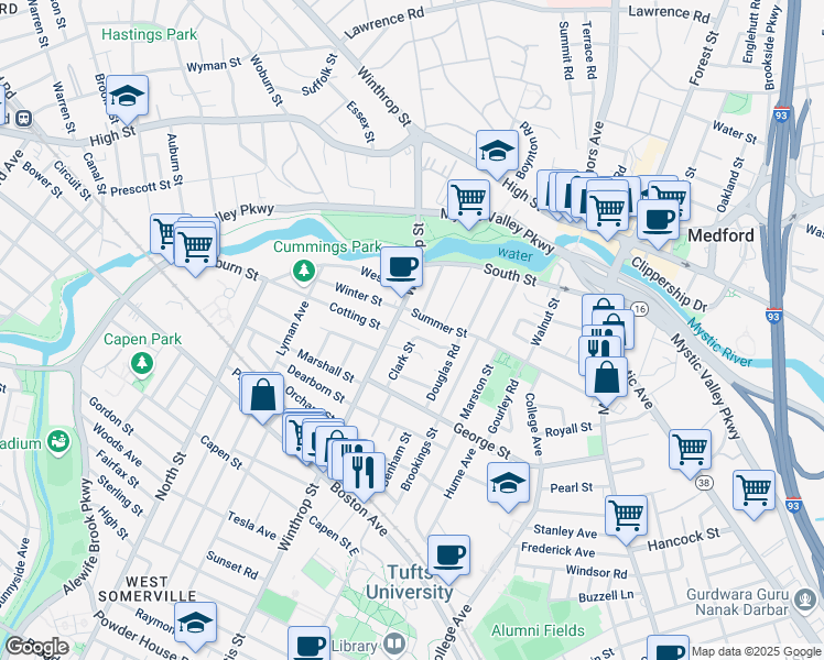 map of restaurants, bars, coffee shops, grocery stores, and more near 66 Clark Street in Medford