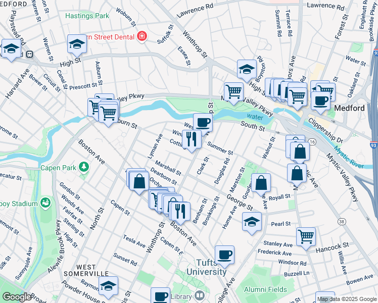 map of restaurants, bars, coffee shops, grocery stores, and more near 152 Winthrop Street in Medford