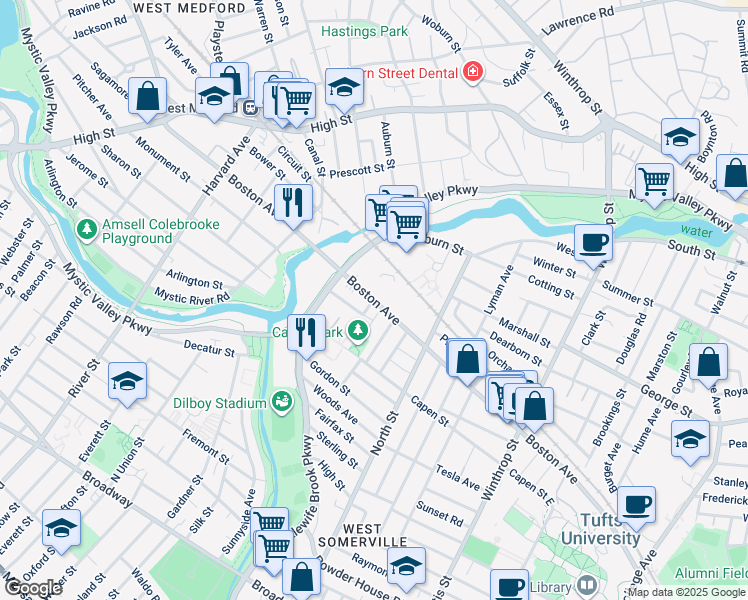 map of restaurants, bars, coffee shops, grocery stores, and more near 38 Irvington Road in Somerville