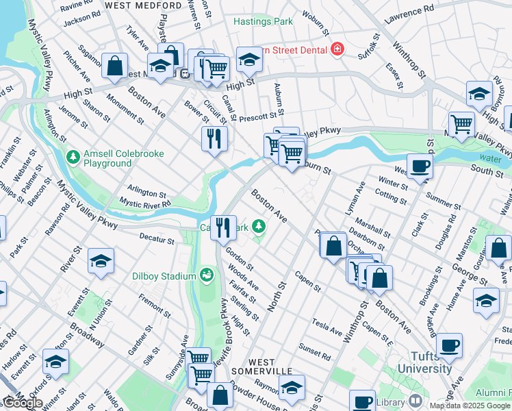 map of restaurants, bars, coffee shops, grocery stores, and more near 38 Irvington Road in Somerville