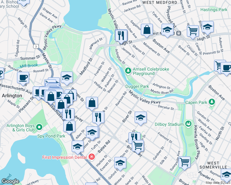 map of restaurants, bars, coffee shops, grocery stores, and more near 62 Park Street in Arlington