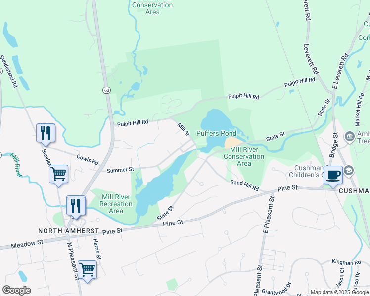 map of restaurants, bars, coffee shops, grocery stores, and more near 149 Summer Street in Amherst