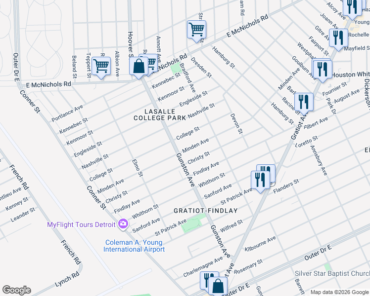 map of restaurants, bars, coffee shops, grocery stores, and more near 11727 Minden Avenue in Detroit