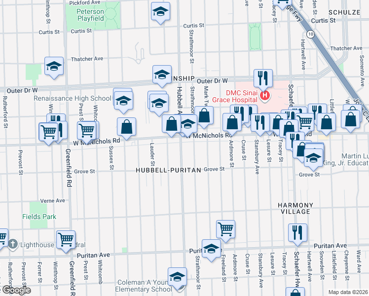 map of restaurants, bars, coffee shops, grocery stores, and more near 16879 Strathmoor Street in Detroit