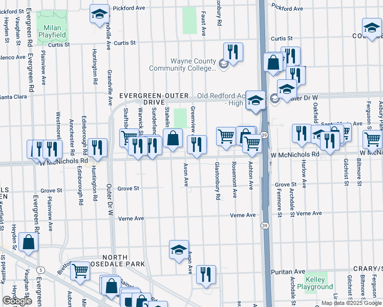 map of restaurants, bars, coffee shops, grocery stores, and more near 18600 West McNichols Road in Detroit