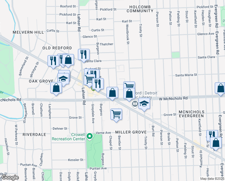map of restaurants, bars, coffee shops, grocery stores, and more near 17141 Bentler Street in Detroit