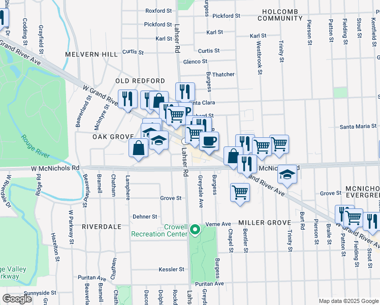 map of restaurants, bars, coffee shops, grocery stores, and more near 17152 Lahser Road in Detroit