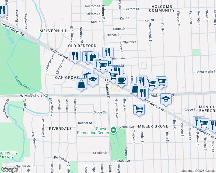 map of restaurants, bars, coffee shops, grocery stores, and more near 17152 Lahser Road in Detroit