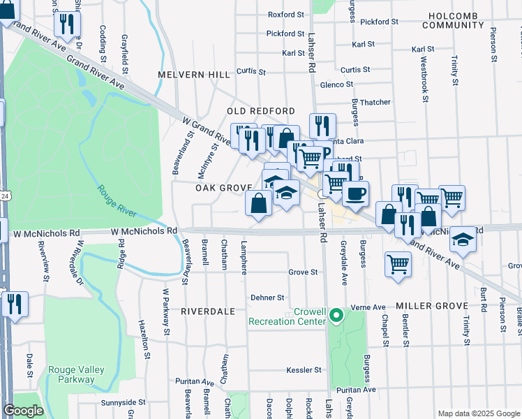 map of restaurants, bars, coffee shops, grocery stores, and more near 17121 Redford Street in Detroit