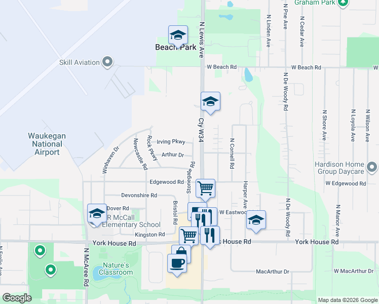 map of restaurants, bars, coffee shops, grocery stores, and more near 1918 Arthur Drive in Waukegan