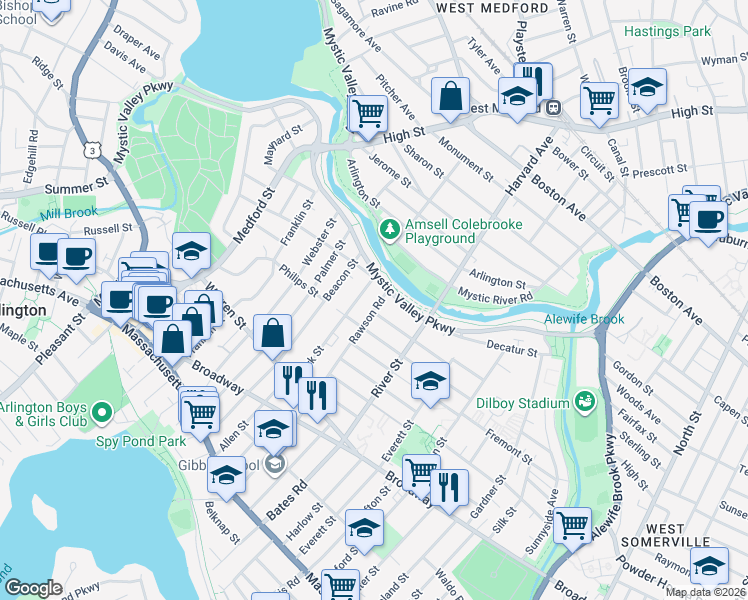 map of restaurants, bars, coffee shops, grocery stores, and more near 127-129 Rawson Road in Arlington