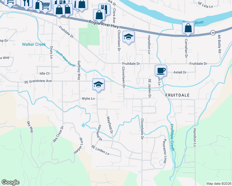map of restaurants, bars, coffee shops, grocery stores, and more near 1880 Cloverlawn Drive in Grants Pass