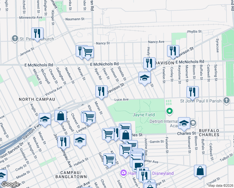 map of restaurants, bars, coffee shops, grocery stores, and more near 13435 Dean Street in Hamtramck