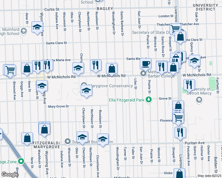 map of restaurants, bars, coffee shops, grocery stores, and more near 16744 Greenlawn Street in Detroit