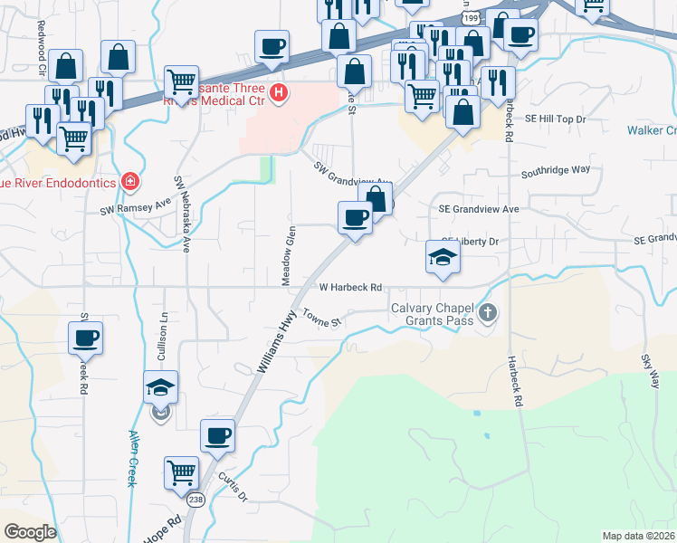 map of restaurants, bars, coffee shops, grocery stores, and more near 1969 Williams Highway in Grants Pass
