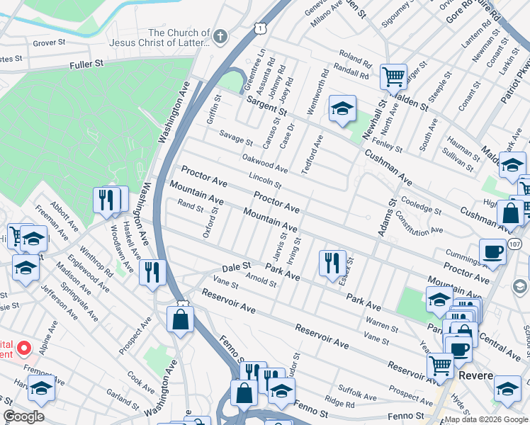 map of restaurants, bars, coffee shops, grocery stores, and more near 444 Mountain Avenue in Revere
