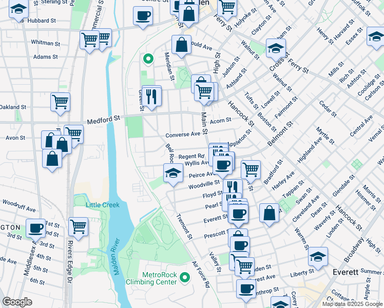 map of restaurants, bars, coffee shops, grocery stores, and more near 50 Regent Road in Malden