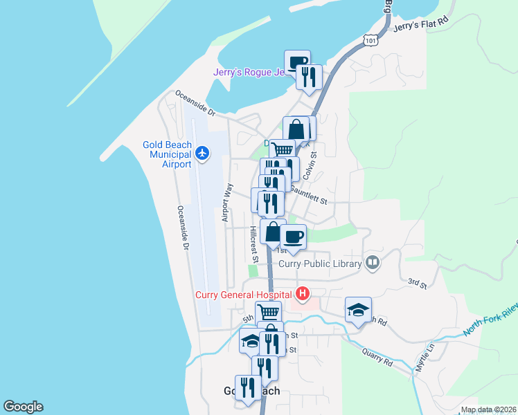 map of restaurants, bars, coffee shops, grocery stores, and more near Hillcrest Street in Gold Beach