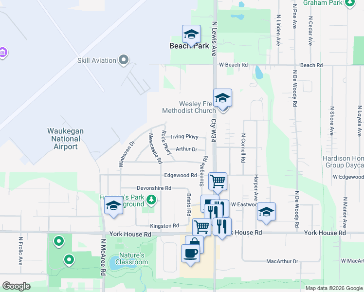 map of restaurants, bars, coffee shops, grocery stores, and more near 2006 Arthur Drive in Waukegan