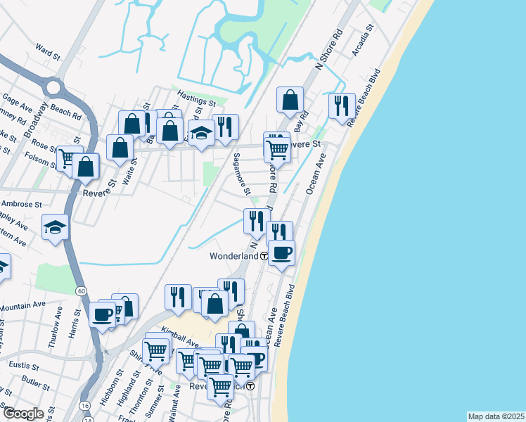 map of restaurants, bars, coffee shops, grocery stores, and more near 1235 North Shore Road in Revere