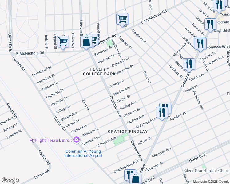 map of restaurants, bars, coffee shops, grocery stores, and more near 11727 Minden Avenue in Detroit
