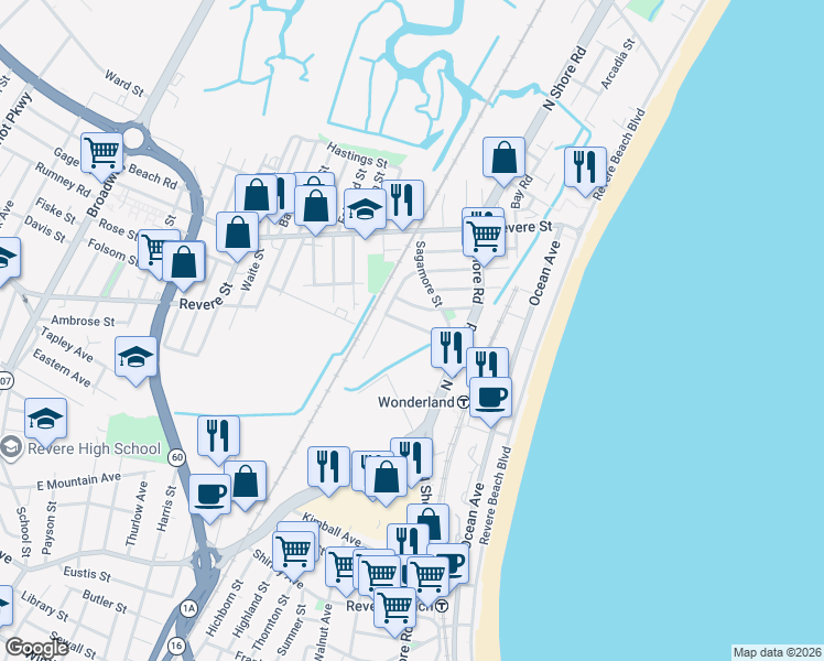map of restaurants, bars, coffee shops, grocery stores, and more near 52 Shawmut Street in Revere